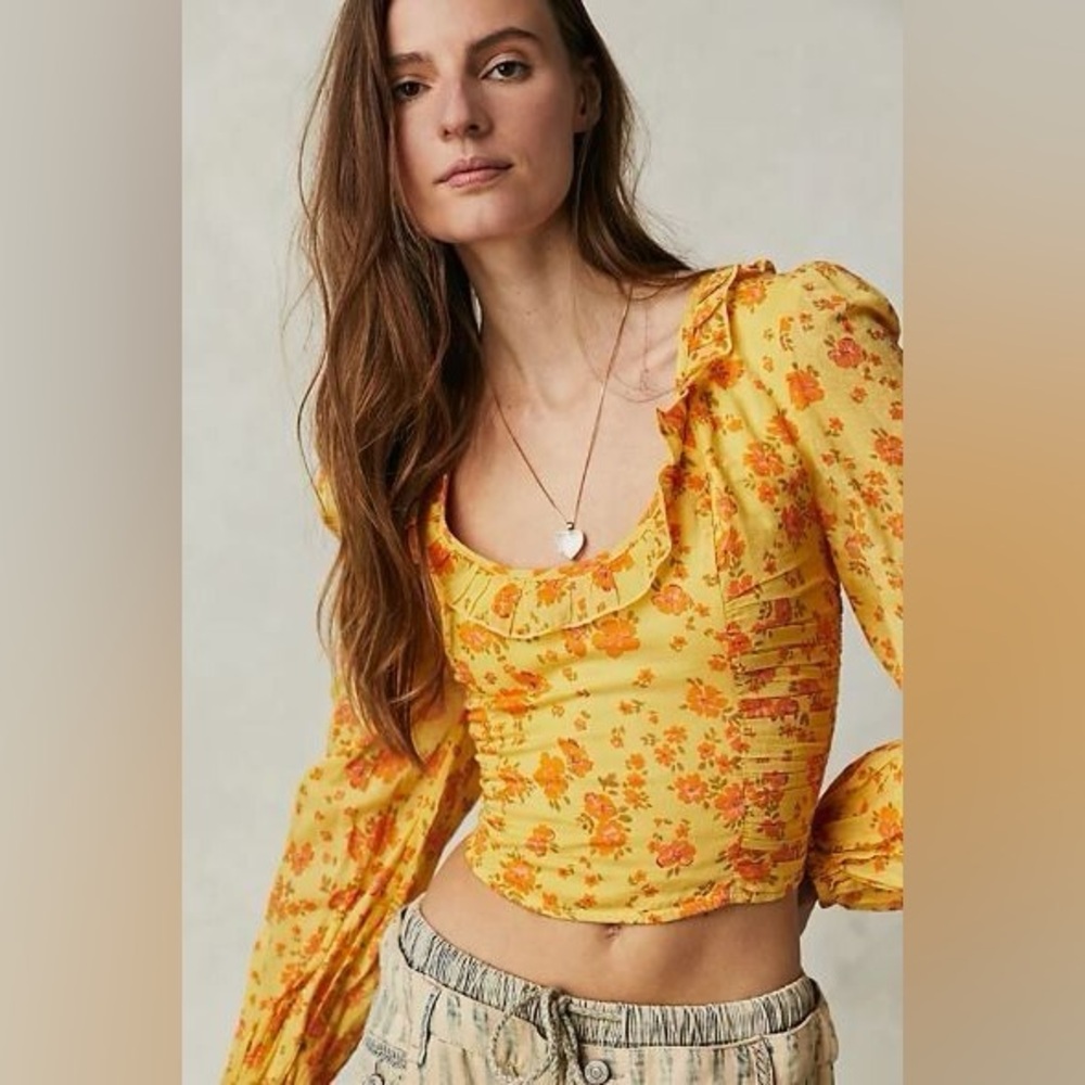 Free People Floral Yellow Ruffle Top